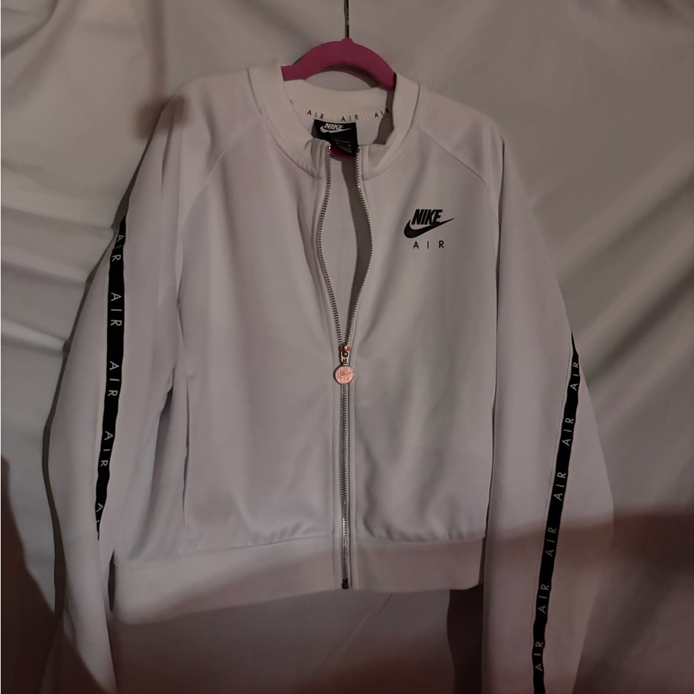 Nike White Women's Zip Bomber Jacket with Black Sleeve logo